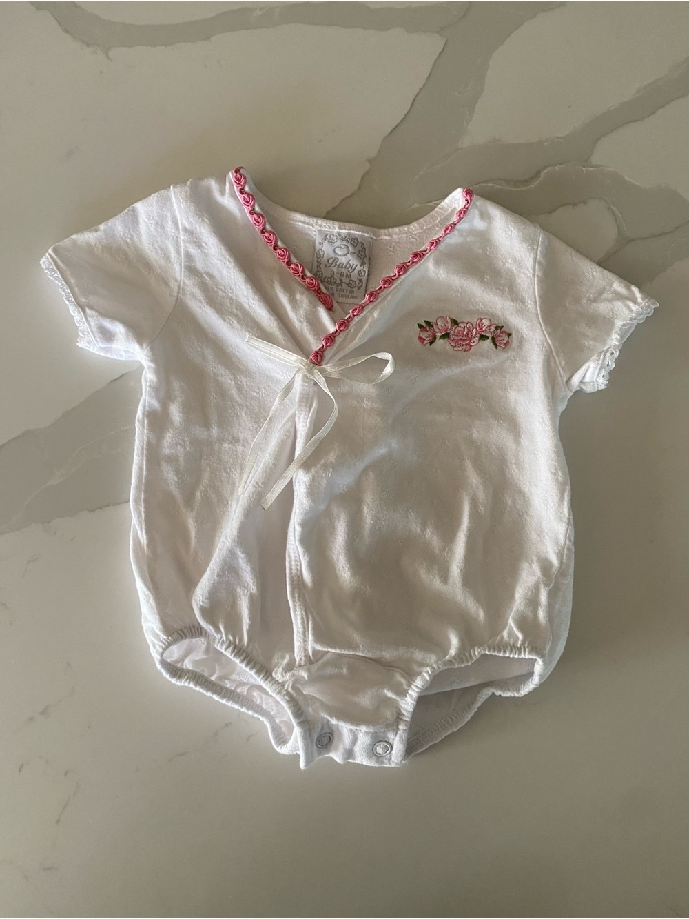Vtg O Baby 100% Cotton cottagecore Floral Embroidered rosette bow Bodysuit 3-6M